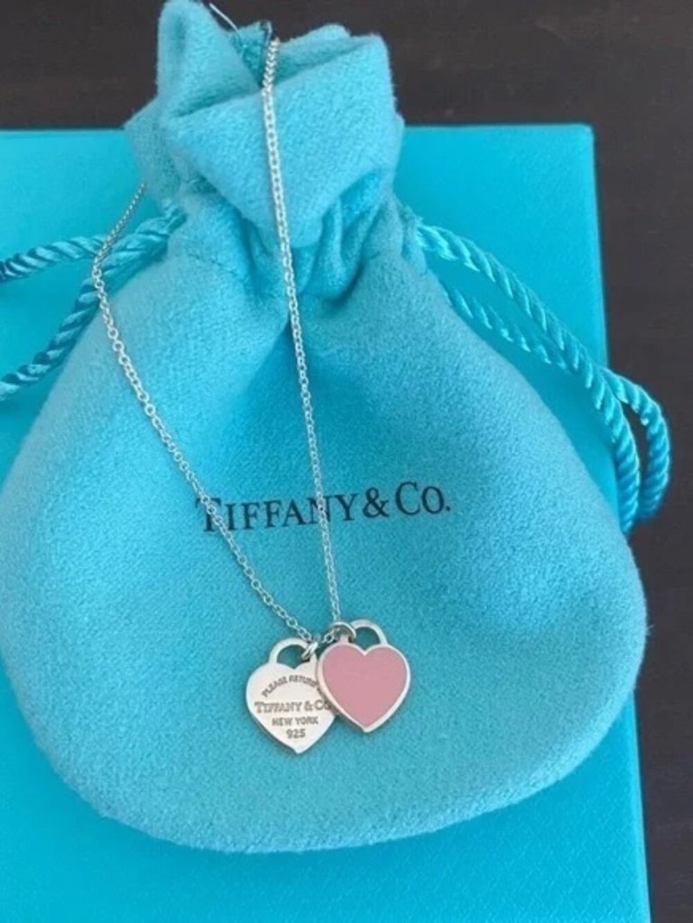 Tiffany & Co. Silver Double Heart Necklace with Pink Enamel